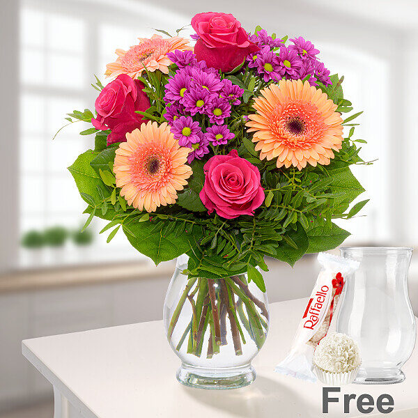 Blumenstrauß Sommerliebe mit Vase &amp; Ferrero Raffaello