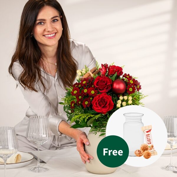 Blumenstrauß Weihnachtsüberraschung mit Vase &amp; 3 Ferrero Giotto