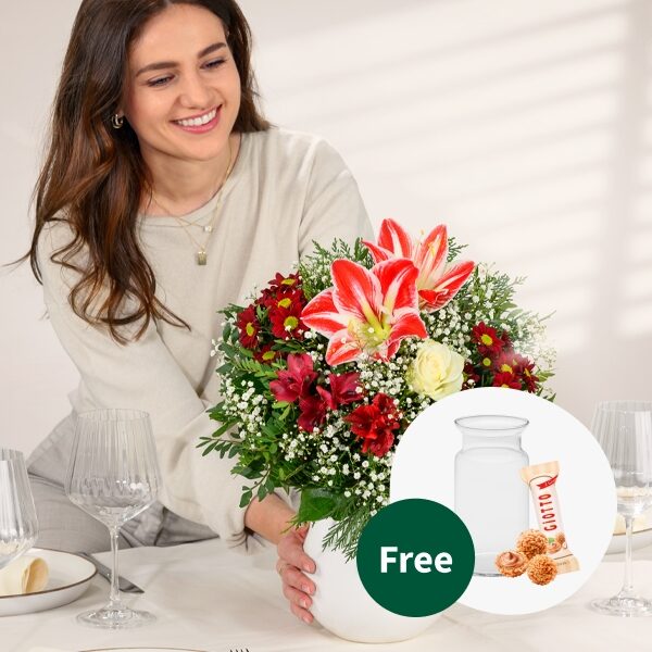 Blumenstrauß Winterbote mit Vase &amp; 3 Ferrero Giotto