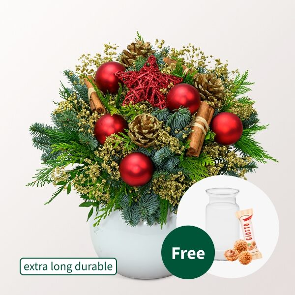 Blumenstrauß Weihnachtsstern mit Vase &amp; 3 Ferrero Giotto