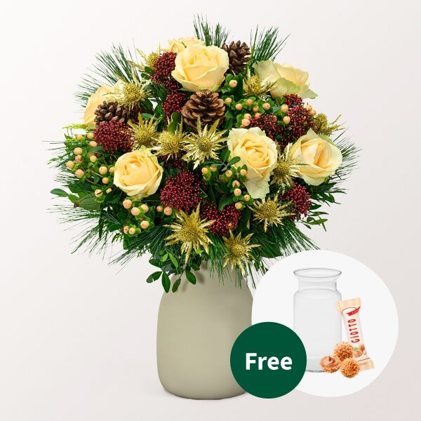 Blumenstrauß Goldglöckchen mit Vase &amp; 3 Ferrero Giotto
