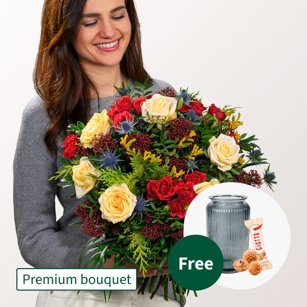 Premium Bouquet Sternstunde mit Premium Vase &amp; 3 Ferrero Giotto