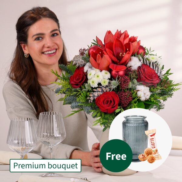 Premium Blumenstrauß Winterfarben mit Premium Vase &amp; 3 Ferrero Giotto