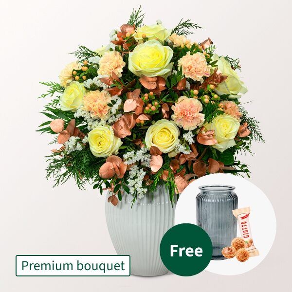 Premium Blumenstrauß Sternennacht mit Premium Vase &amp; 3 Ferrero Giotto