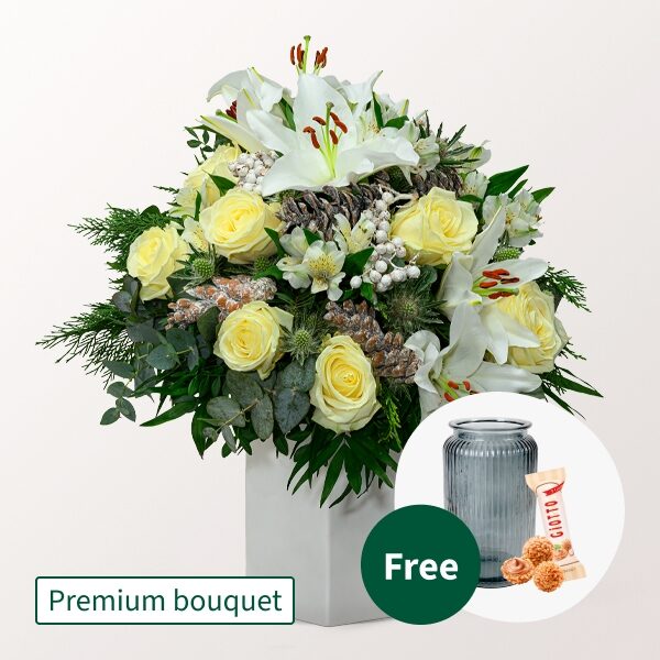 Premium Blumenstrauß Schneewittchen mit Premium Vase &amp; 3 Ferrero Giotto