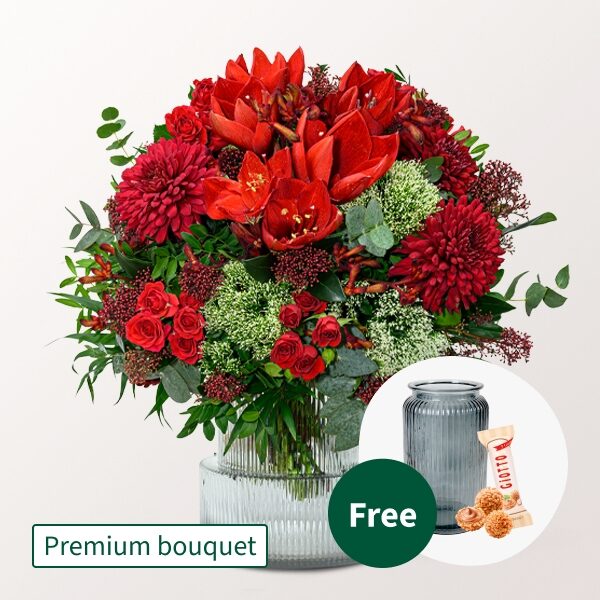 Premium-Blumenstrauß, große Bescherung mit Premium-Vase und 3 Ferrero Giotto