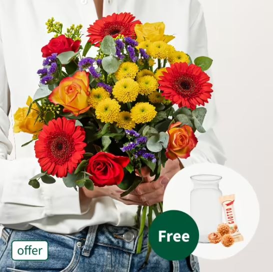 Blumenstrauß Farbenmix mit Vase &amp; 3 Ferrero Giotto