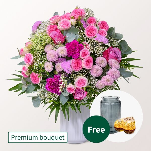 Premium Blumenstrauß Blütenliebe mit Premium Vase &amp; 2 Ferrero Rocher