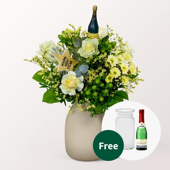 Blumenstrauß „Frohes Neues Jahr“ mit Vase & Rotkäppchen Sekt