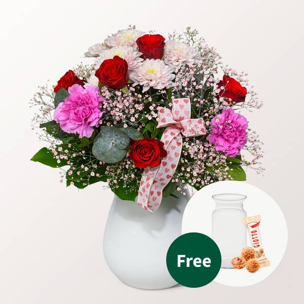 Blumenstrauß Blutenromanze mit Vase &amp; 3 Ferrero Giotto