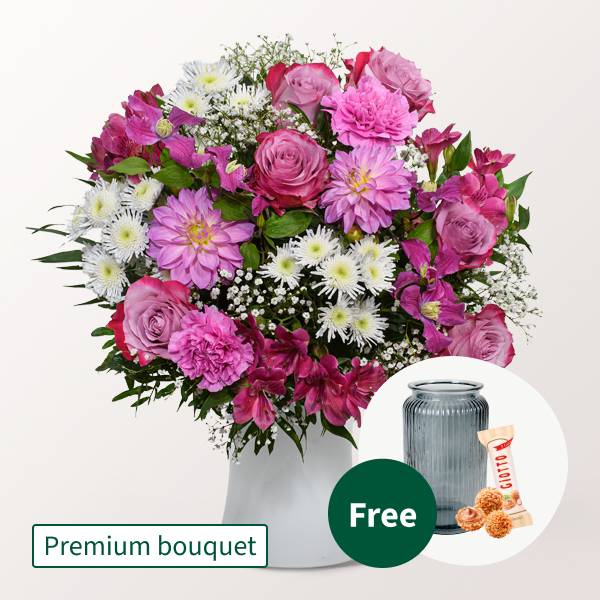 Premium Bouquet Schon, dass es dich gibt mit Premium Vase &amp; 3 Ferrero Giotto