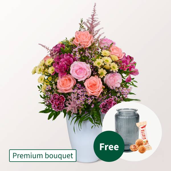 Premium Bouquet Du bist die Beste mit Premium Vase &amp; 3 Ferrero Giotto