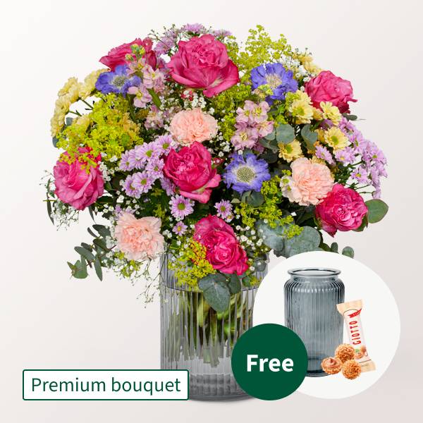 Premium-Strauß zum Muttertag mit Premium-Vase und 3 Ferrero Giotto Pralinen