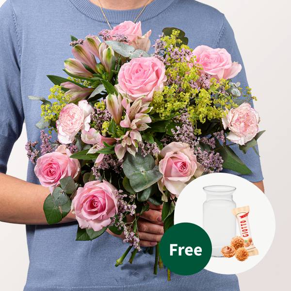 Blumenstrauß Rosengruß mit Vase &amp; 3 Ferrero Giotto