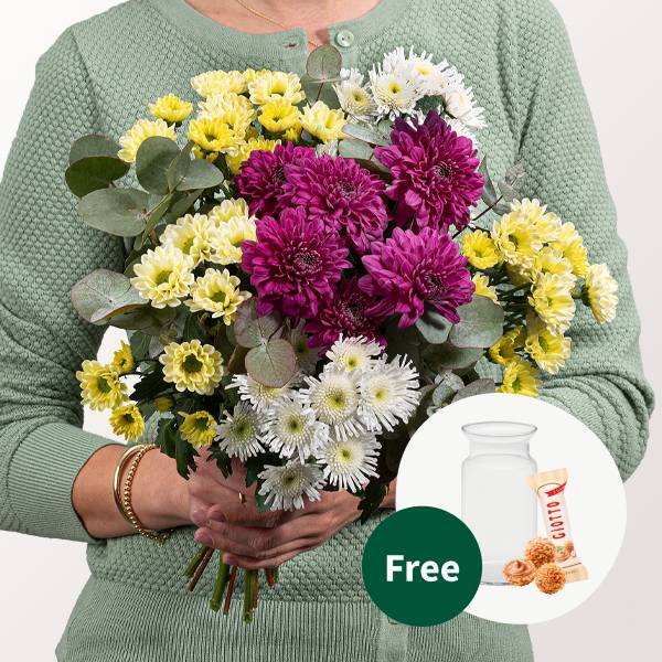 Blumenstrauß Alles Liebe mit Vase &amp; 3 Ferrero Giotto