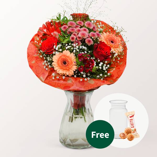 Blumenstrauß Mit Liebe mit Vase &amp; 3 Ferrero Giotto