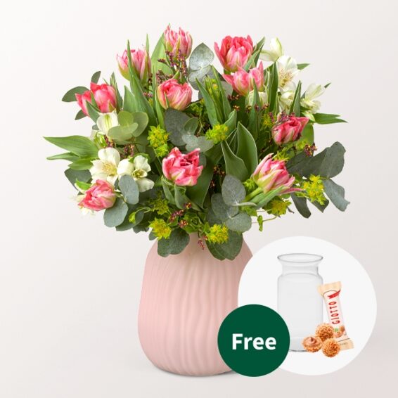 Tulpenfest-Blumenstrauß mit Vase und 3 Ferrero Giotto
