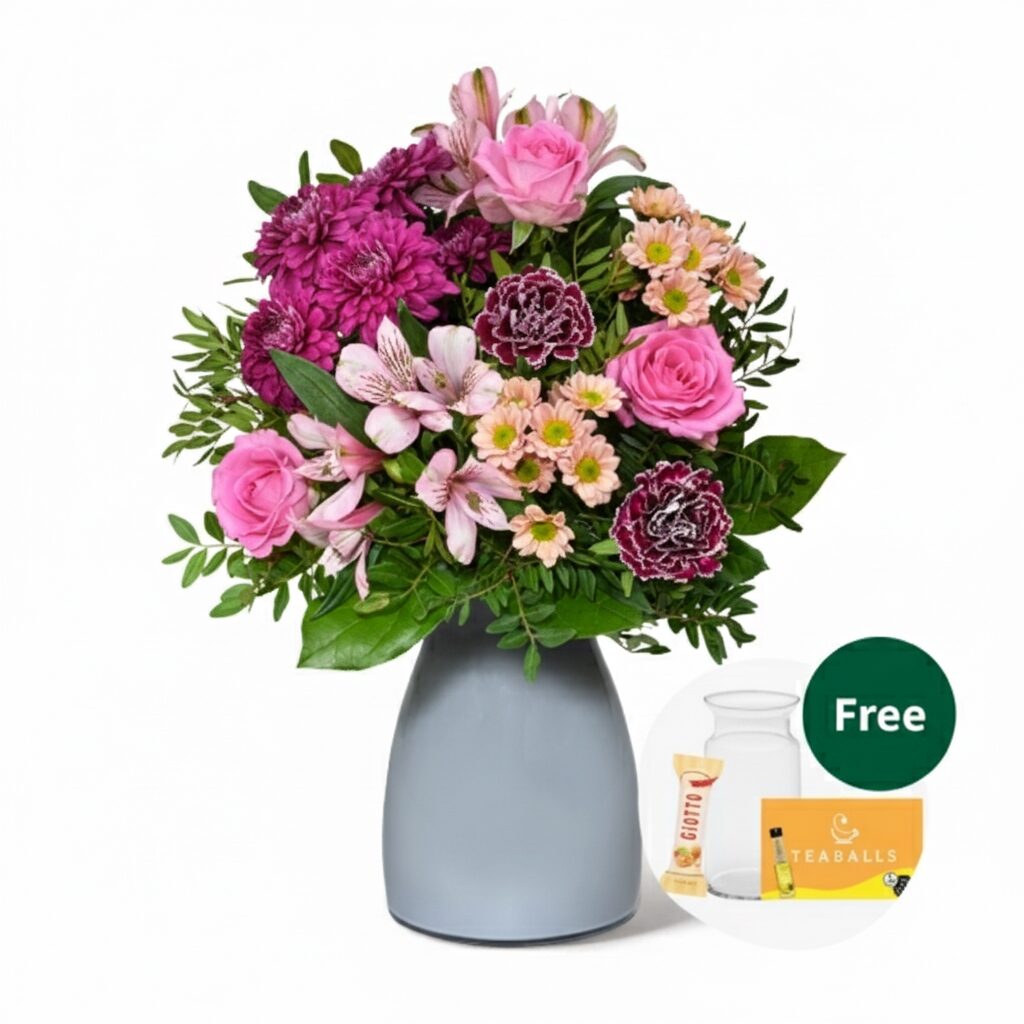 Blumenstrauß Lieber Grub mit Vase, Teekugeln und 3 Ferrero Giotto