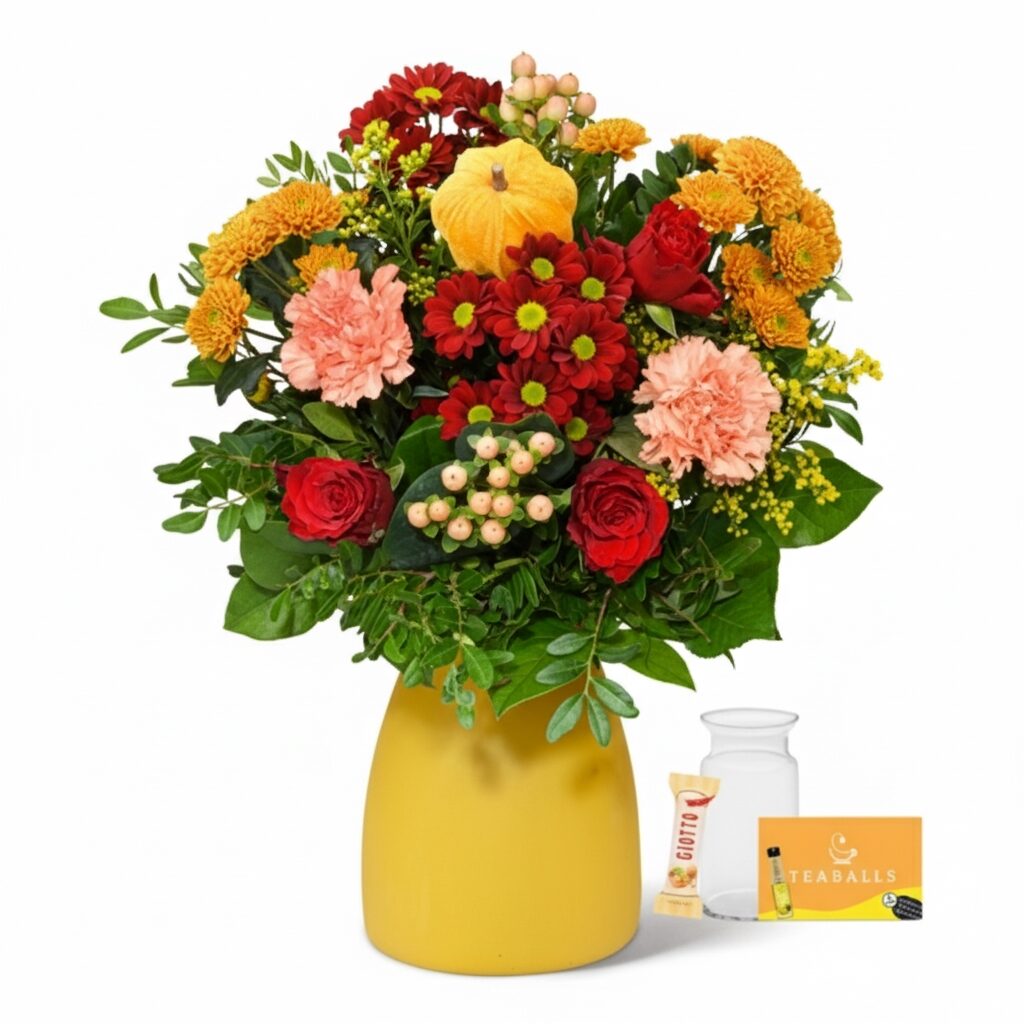 Blumenstrauß Landpartie mit Vase, Teekugeln und 3 Ferrero Giotto