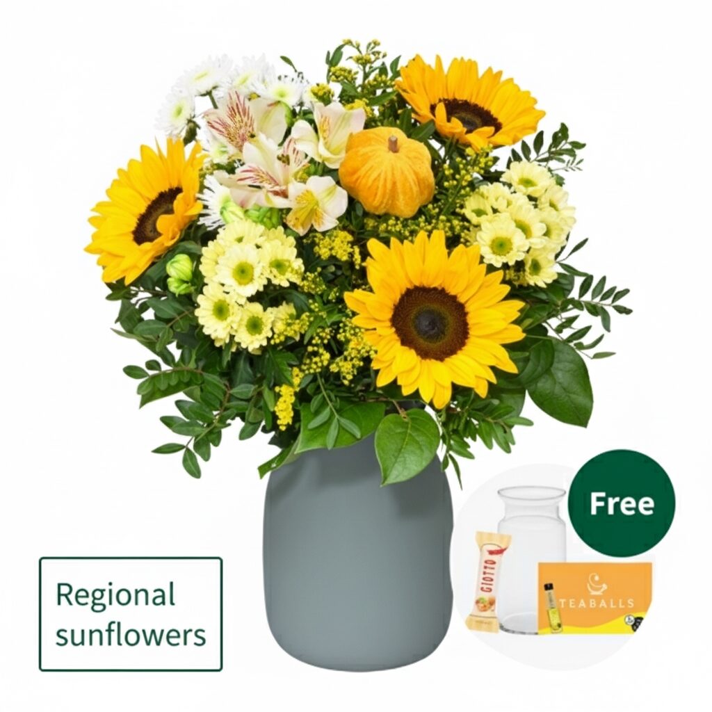Blumenstrauß Herbstfrische mit Vase, Teekugeln und 3 Ferrero Giotto