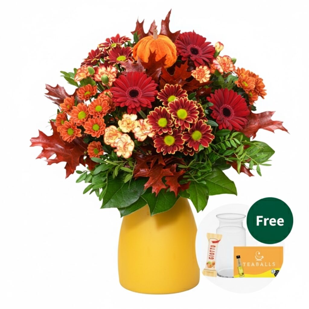 Blumenstrauß Herbststrahlen mit Vase, Teekugeln und 3 Ferrero Giotto
