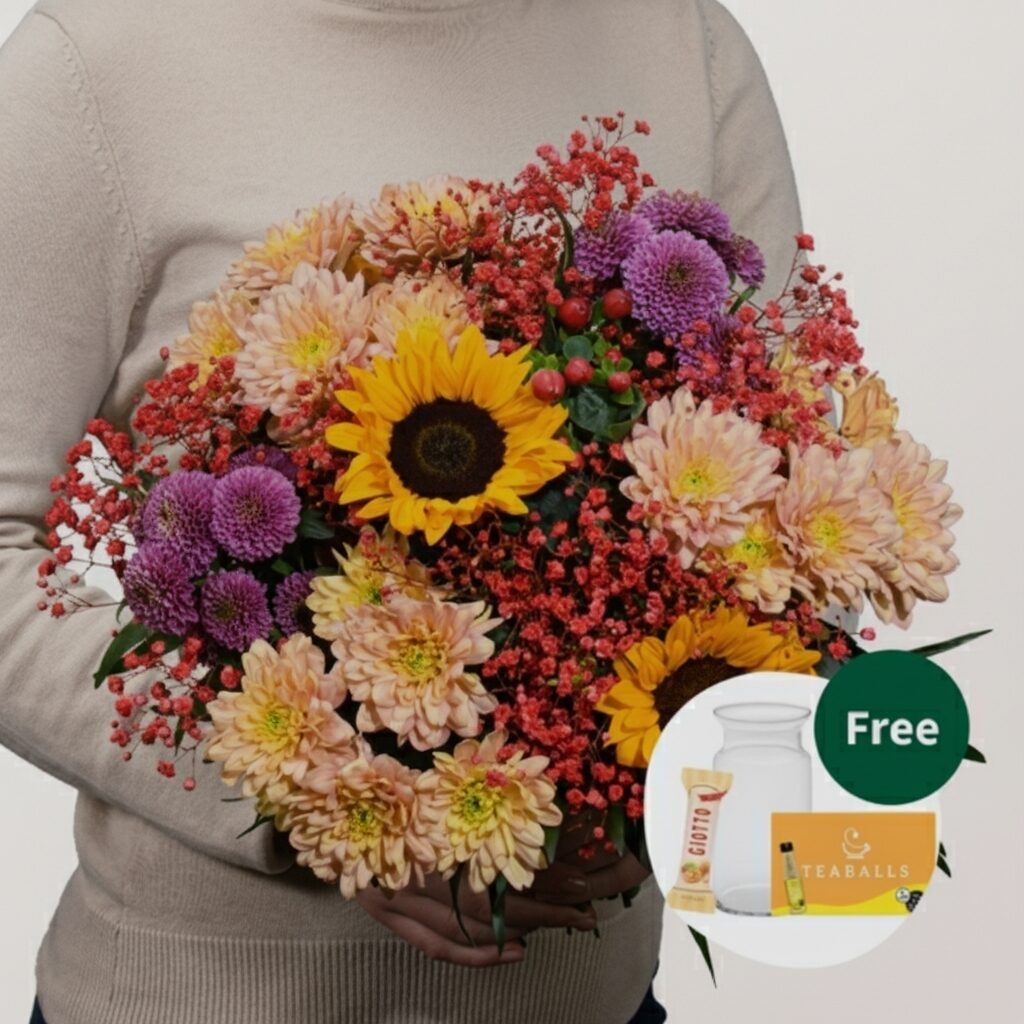 Blumenstrauß „Danke“ mit Vase, Teekugeln und 3 Ferrero Giotto