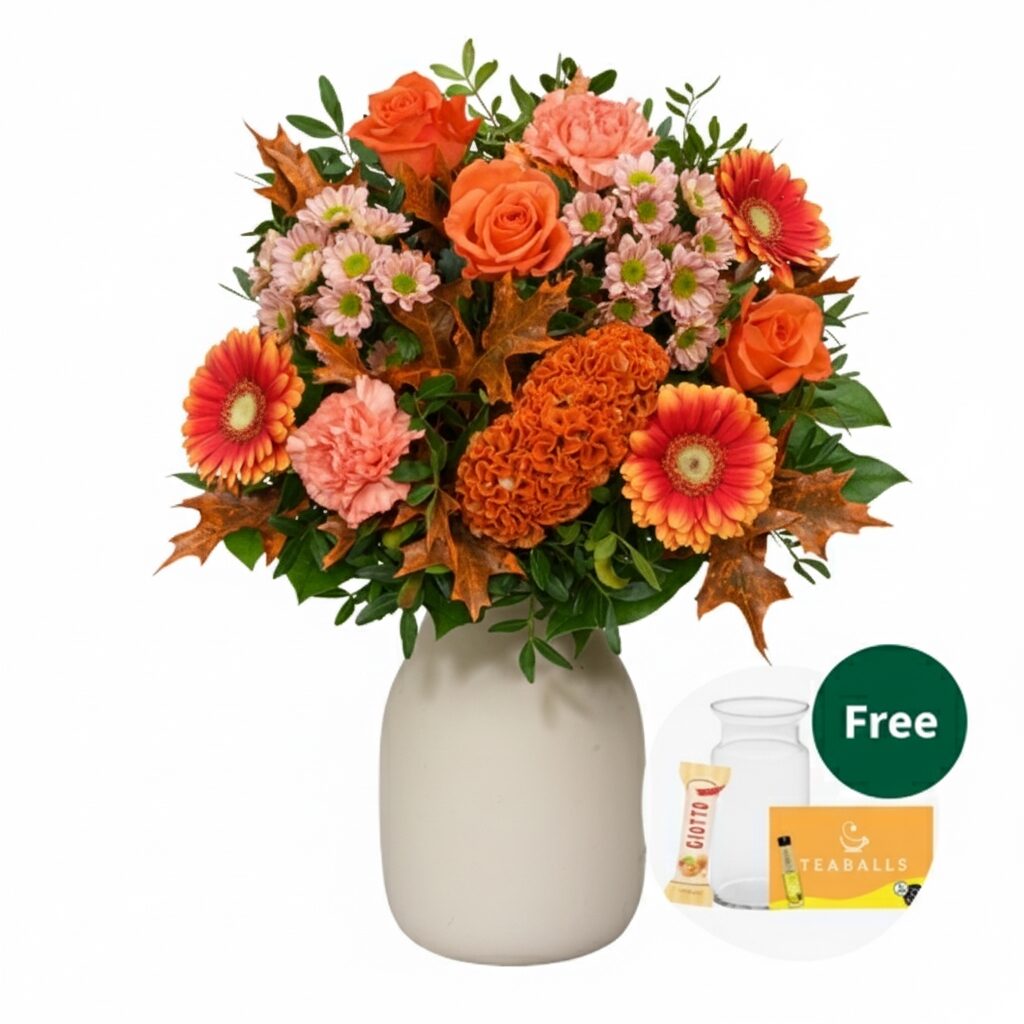 Blumenstrauß Herbstgluck mit Vase, Teekugeln und 3 Ferrero Giotto
