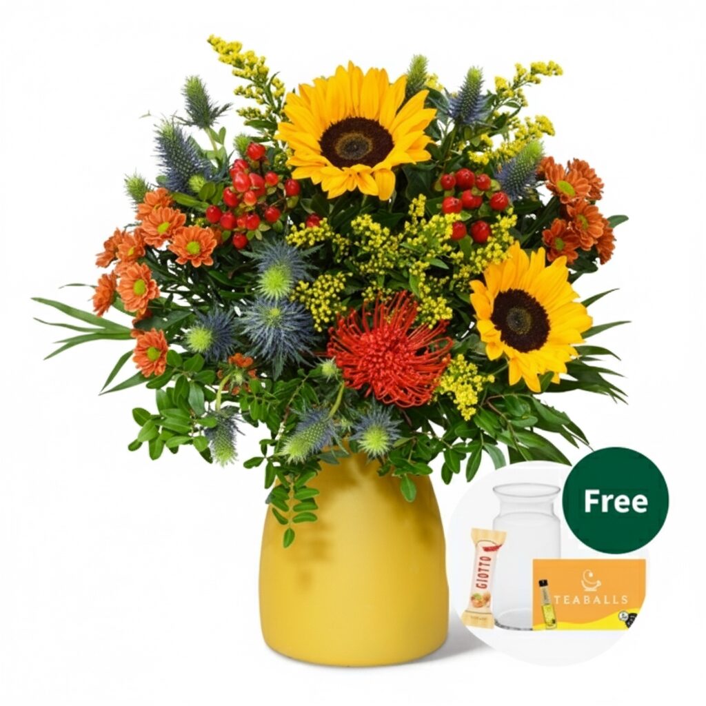 Blumenstrauß Herbsterwachen mit Vase, Teekugeln und 3 Ferrero Giotto