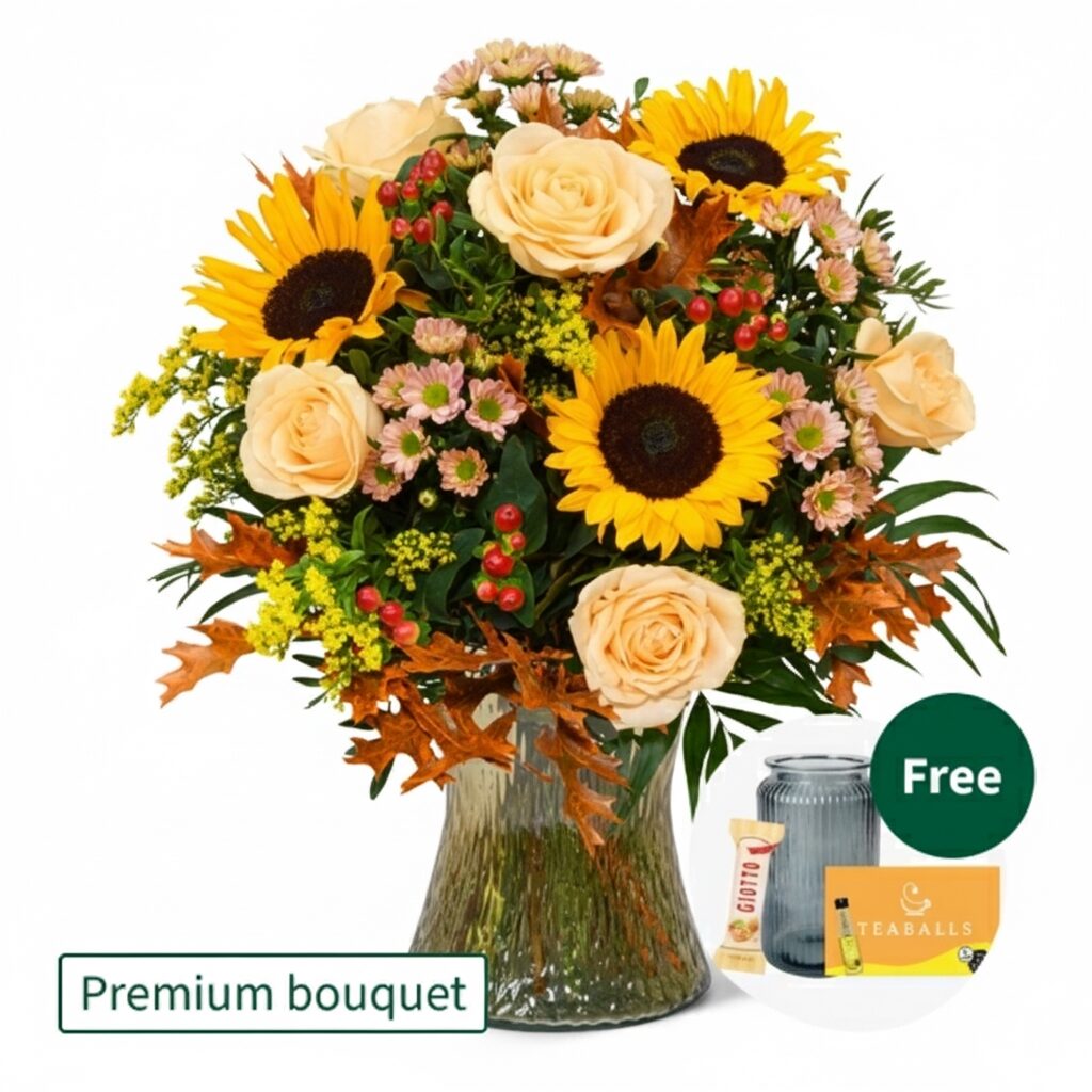 Premium-Strauß Herbstmix mit Premium-Vase, Teekugeln und 3 Ferrero Giotto