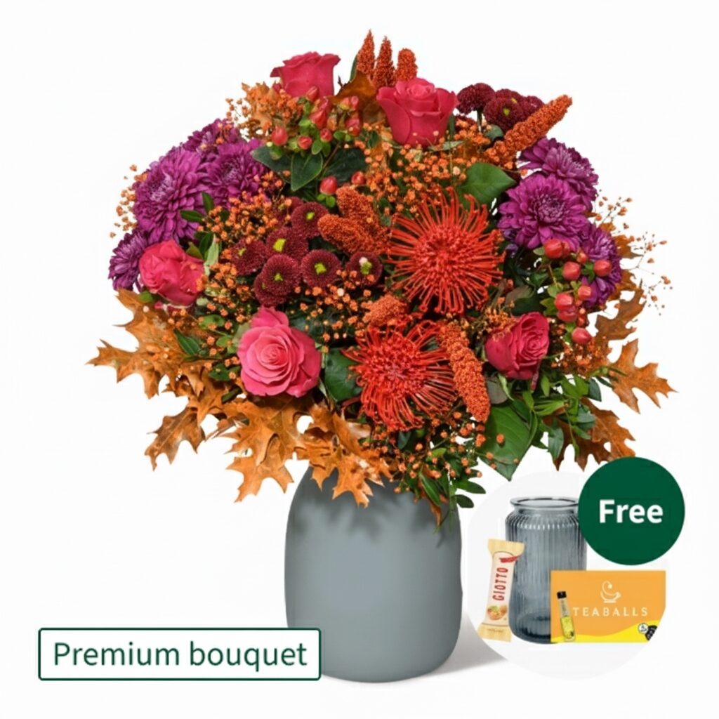 Premium Bouquet Leuchtfeuer mit Premium Vase &amp; Teaballs &amp; 3 Ferrero Giotto