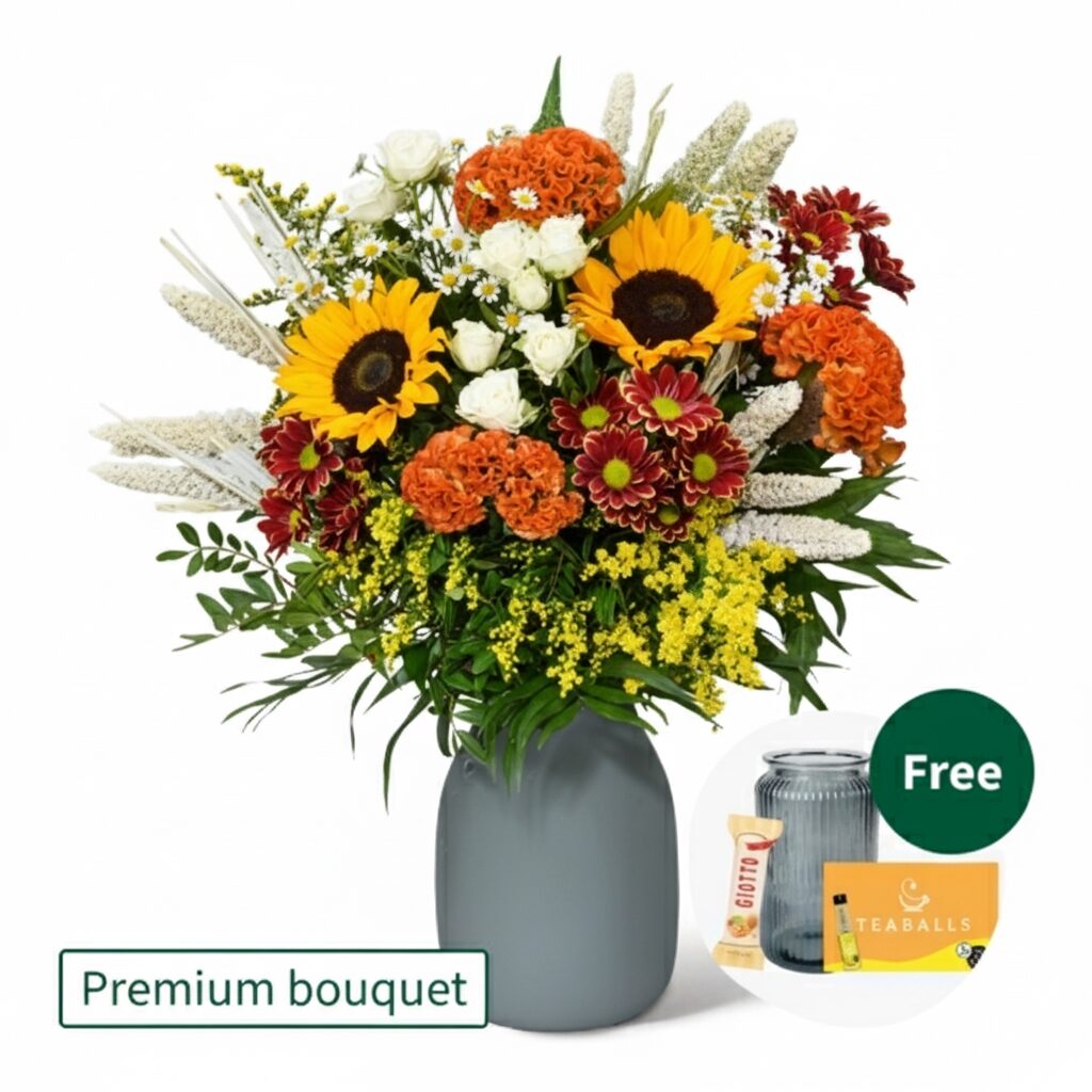Premium-Strauß Herbstlacheln mit Premium-Vase, Teekugeln und 3 Ferrero Giotto