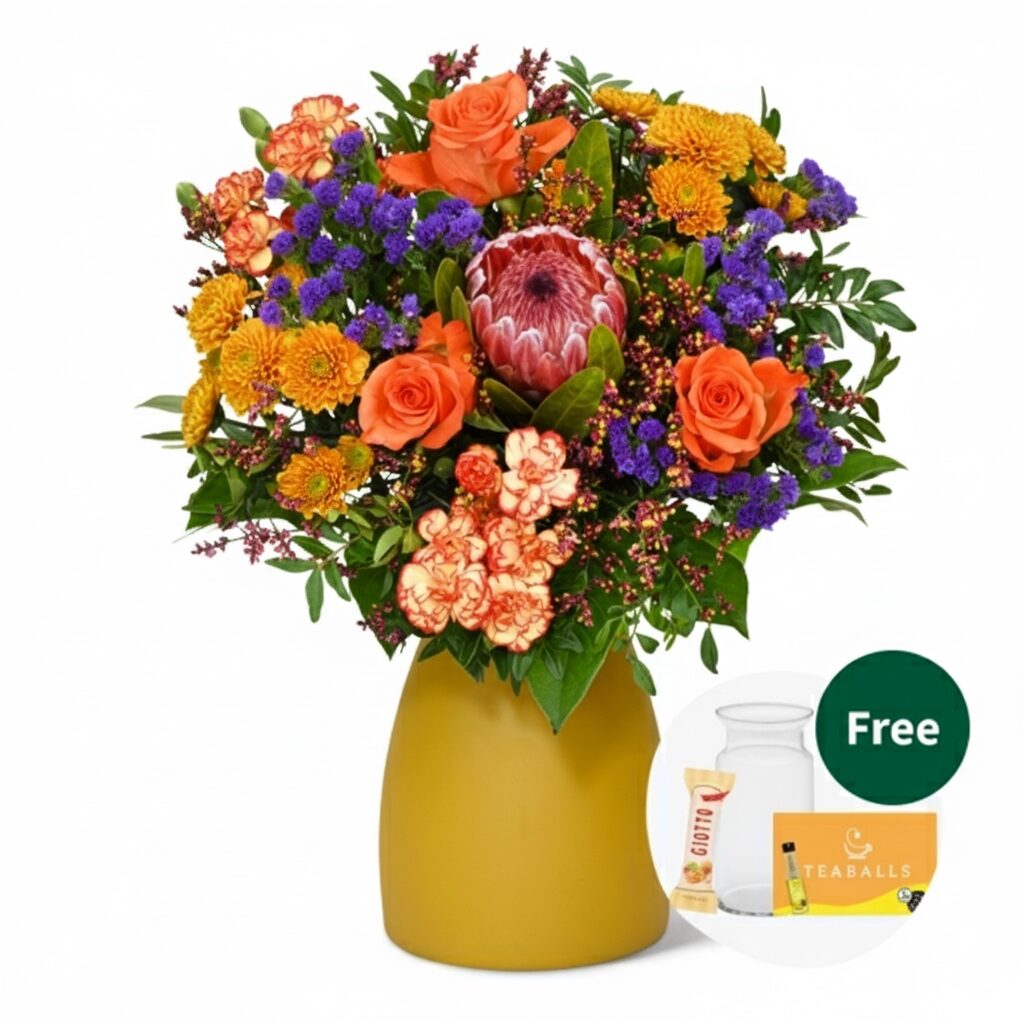 Herbstfrischer Blumenstrauß mit Vase, Teekugeln und 3 Ferrero Giotto