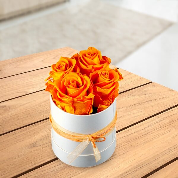 4 orange Rosen in einer Hutschachtel