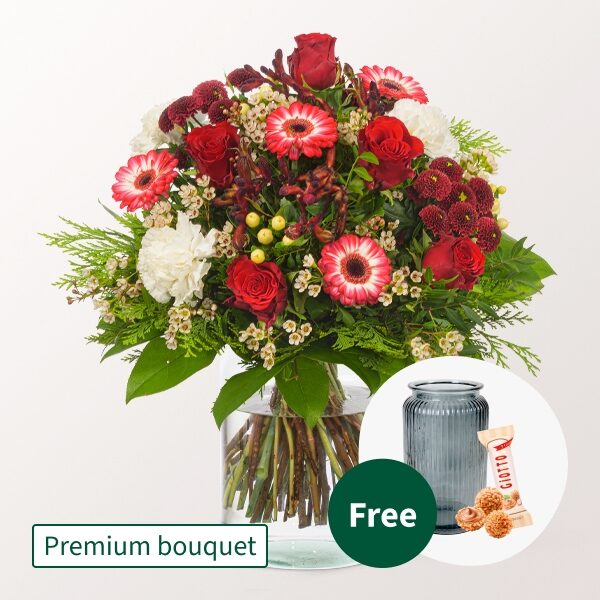 Premium Bouquet Schöne Bescherung mit Premium Vase &amp; 3 Ferrero Giotto