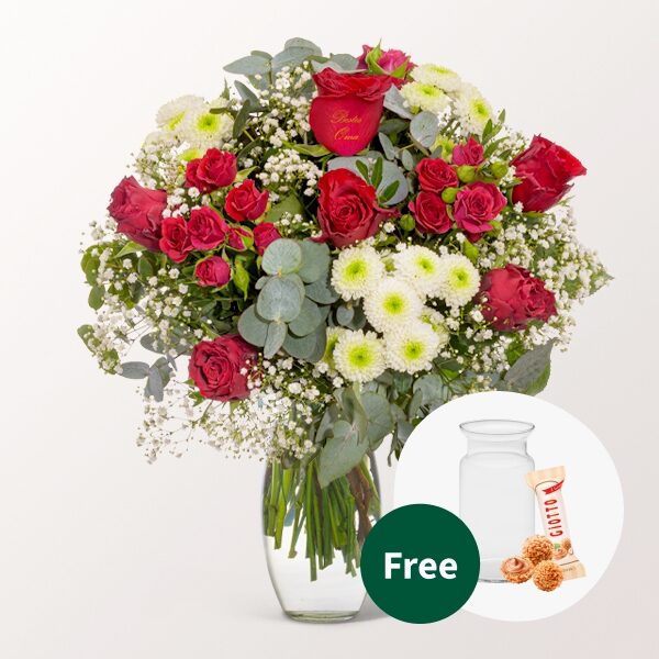 Blumenstrauß „Beste Oma“ mit Vase &amp; 3 Ferrero Giotto