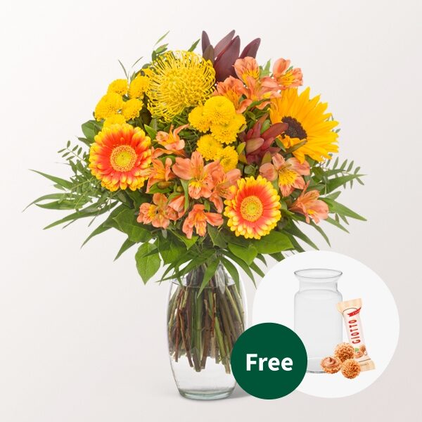 Blumenstrauß Sonnenbad mit Vase &amp; Ferrero Raffaello
