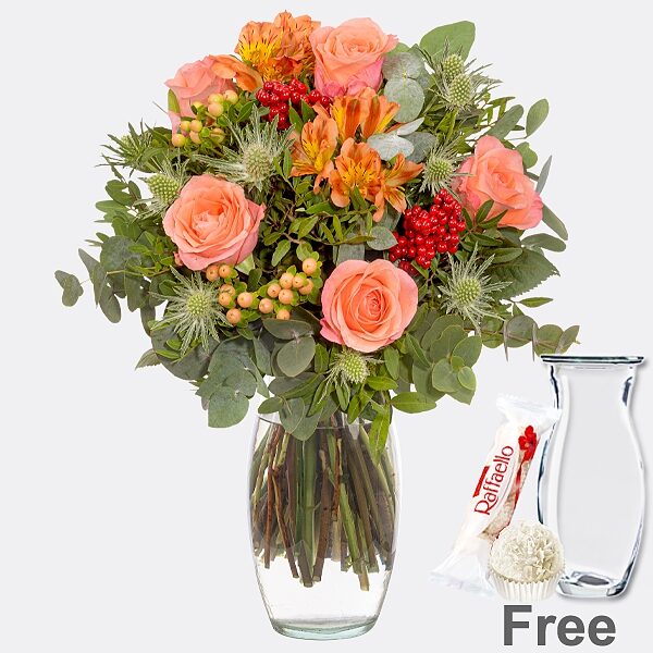 Blumenstrauß Herbsterwachen mit Vase &amp; Ferrero Raffaello