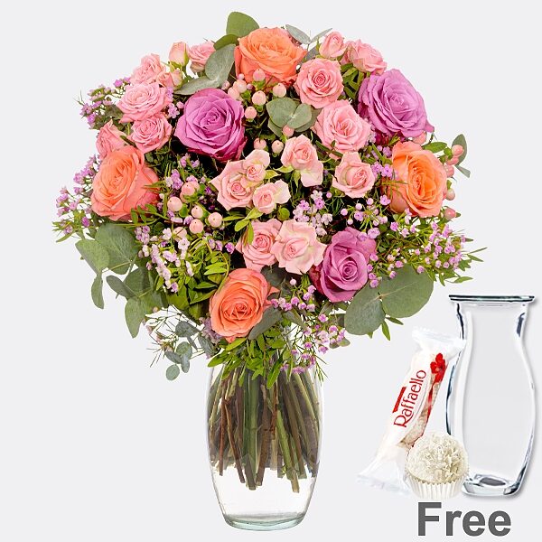 Blumenstrauß Blutenfreude mit Vase &amp; Ferrero Raffaello