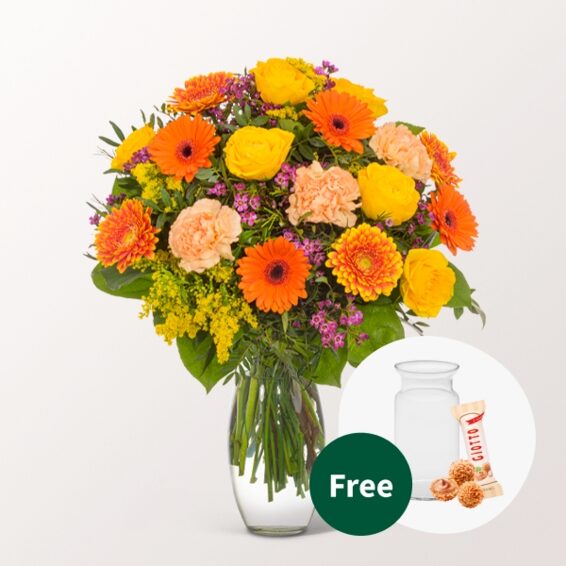 Blumenstrauß Frühlingssonne mit Vase & 3 Ferrero Giotto