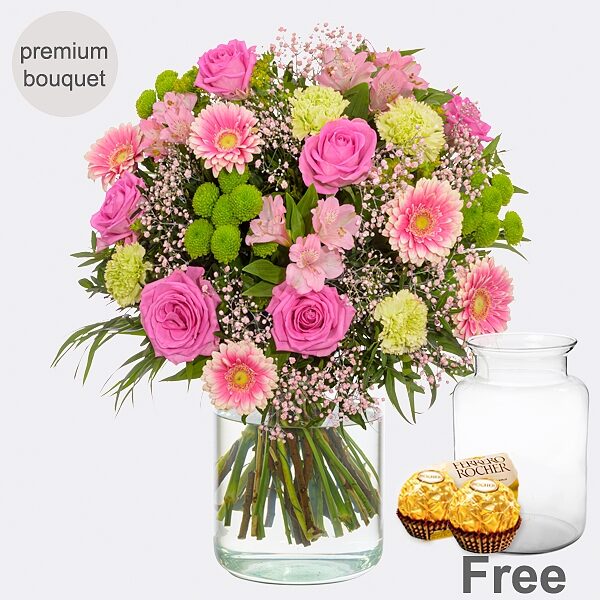 Premium-Blumenstrauß Liebesglück mit Premium-Vase &amp; 2 Ferrero Rocher