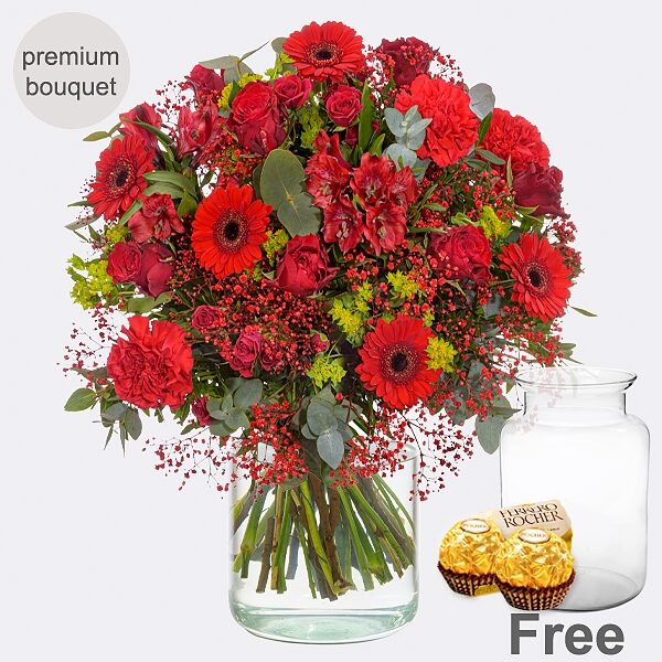 Premium Bouquet Frühlingsgruß mit Premium Vase &amp; 2 Ferrero Rocher