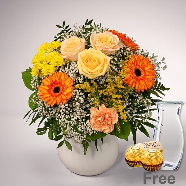Blumenstrauß Spring Shine mit Vase &amp; 2 Ferrero Rocher