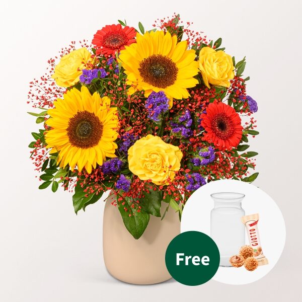Blumenstrauß Sommerlichter mit Vase &amp; 3 Ferrero Giotto