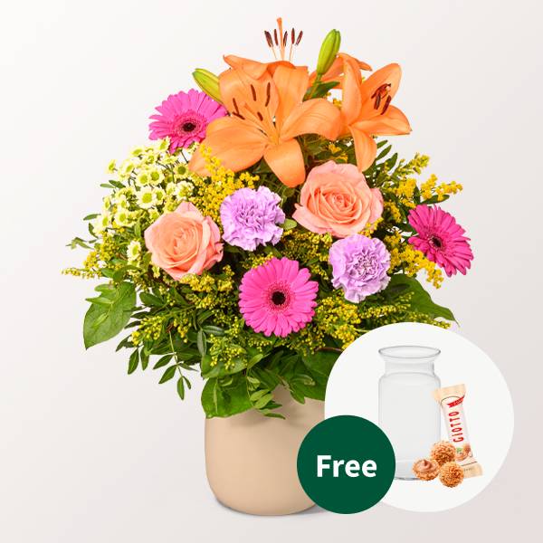 Blumenstrauß Beste Wünsche mit Vase &amp; 3 Ferrero Giotto