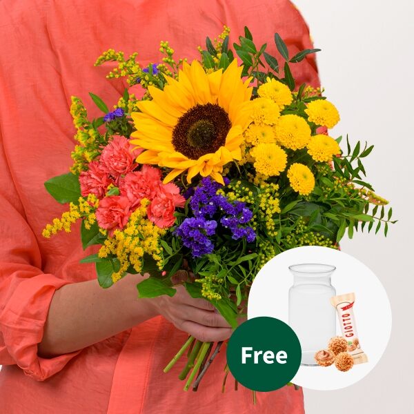 Blumenstrauß Sonnengrüße mit Vase &amp; 3 Ferrero Giotto