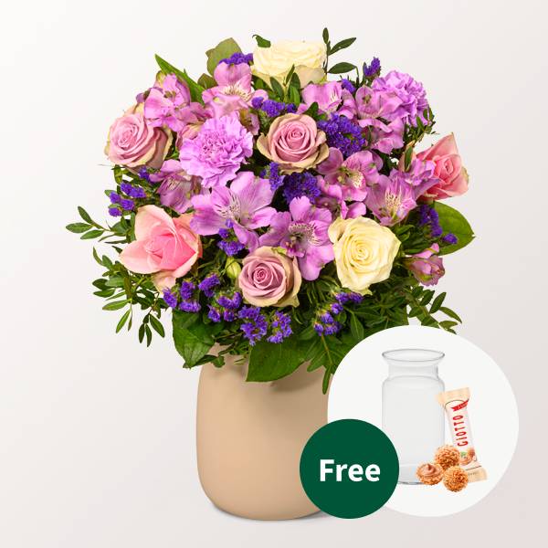 Blumenstrauß Danke mit Vase &amp; 3 Ferrero Giotto