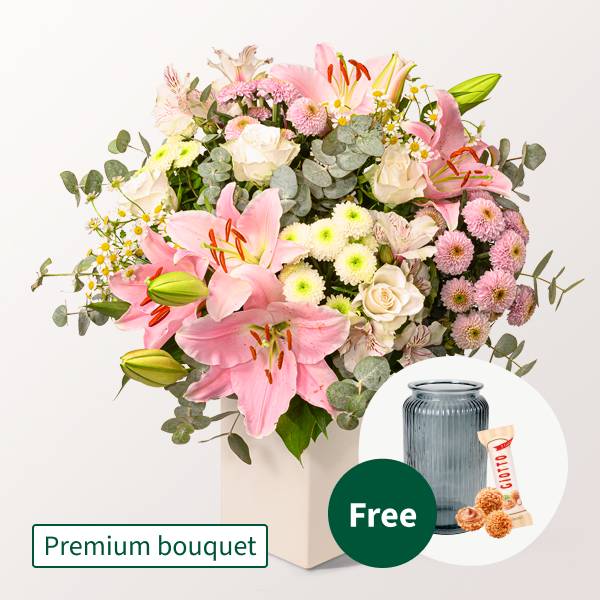 Premium Bouquet Ich danke Dir mit Premium Vase &amp; 3 Ferrero Giotto