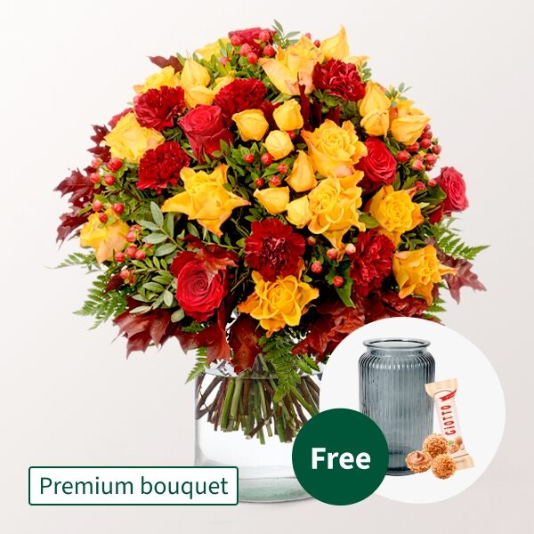 Premium Bouquet Herbstfeuer mit Premium Vase &amp; Ferrero Raffaello
