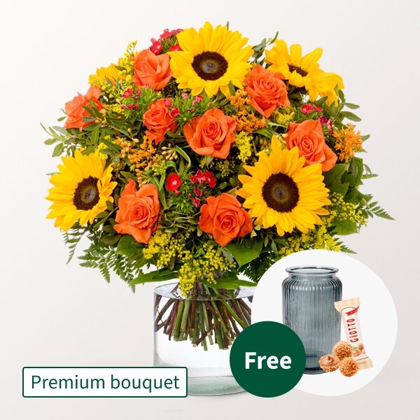 Premium Bouquet Herbstfarben mit Premium Vase &amp; Ferrero Raffaello