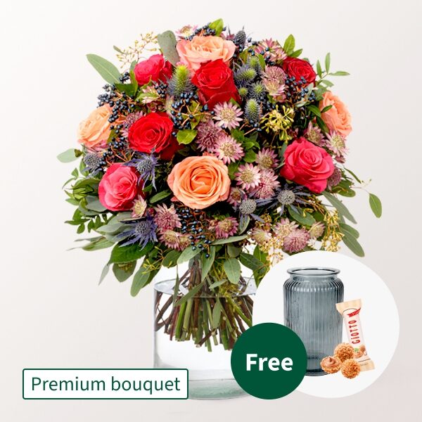Premium Bouquet Herbstmarchen mit Premium Vase &amp; Ferrero Raffaello